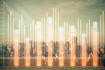 Forex graph on city view with skyscrapers background multi exposure. Financial analysis concept.