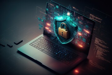 Cyber security, data protection, cyberattacks concept on blue background. Database security software development. Online security concept. Laptop protected with shield. AI	