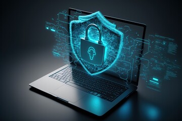 Cyber security, data protection, cyberattacks concept on blue background. Database security software development. Online security concept. Laptop protected with shield. AI	