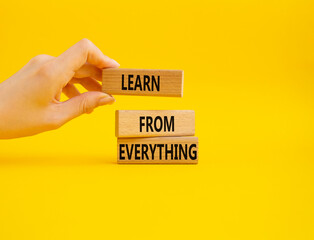 Learn from Everything symbol. Concept words Learn from Everything on wooden blocks. Businessman hand. Beautiful yellow background. Business and Learn from Everything concept. Copy space.