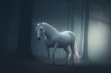 Artistic mystical horse in the fantasy dark fairy forest landscape. Abstract unicorn in the magical woodland.