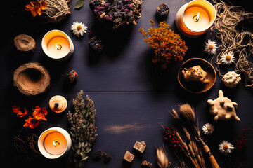 Dark brown wooden table surrounded by colorful dried herbs, candles and flowers, wiccan altar, copy space, mockup