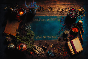 Dark brown wooden table, candle, old paper, dried herbs, wiccan, pagan, witchcraft, background, mockup, copy space