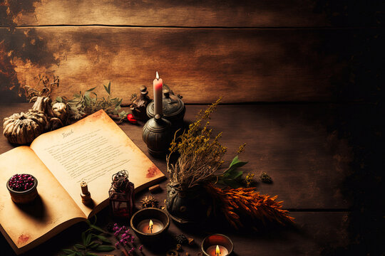 Dark brown wooden table, candle, old paper, dried herbs, wiccan, pagan, alchemy, background, mockup, copy space