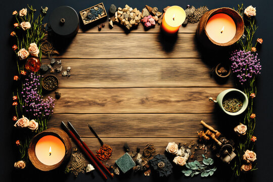 Light wooden Altar Table for Witchcraft, dried flowers and herbs, candles, background, mockup, banner, copy space