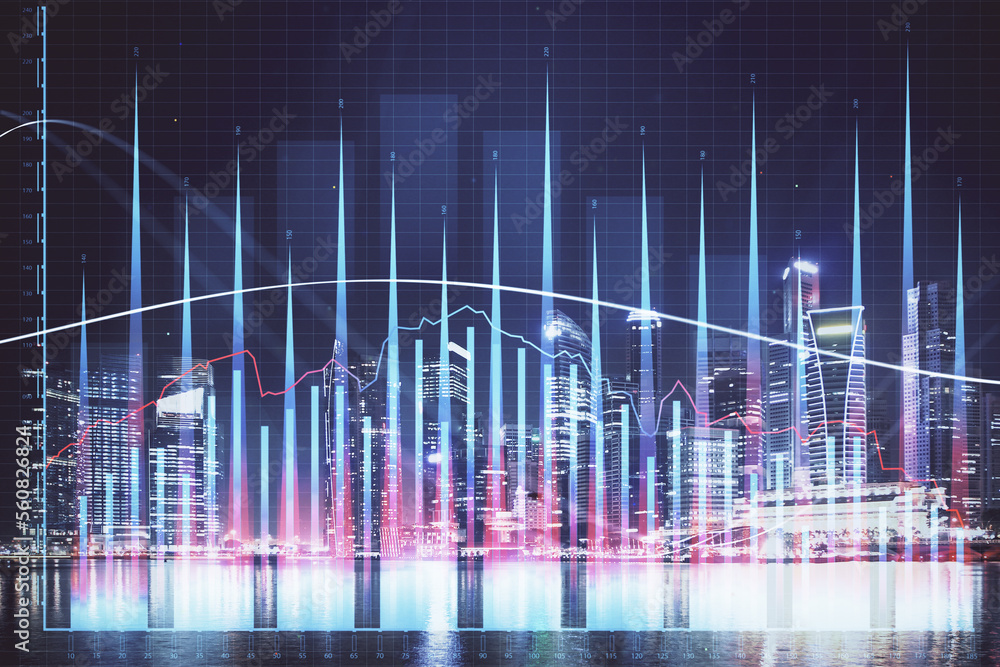 Wall mural financial chart on city scape with tall buildings background multi exposure. analysis concept.