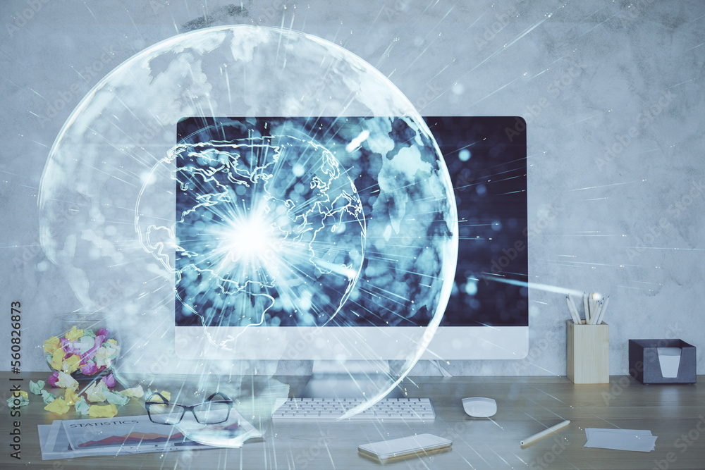 Poster Double exposure of business theme icons and work space with computer background. Concept of success.