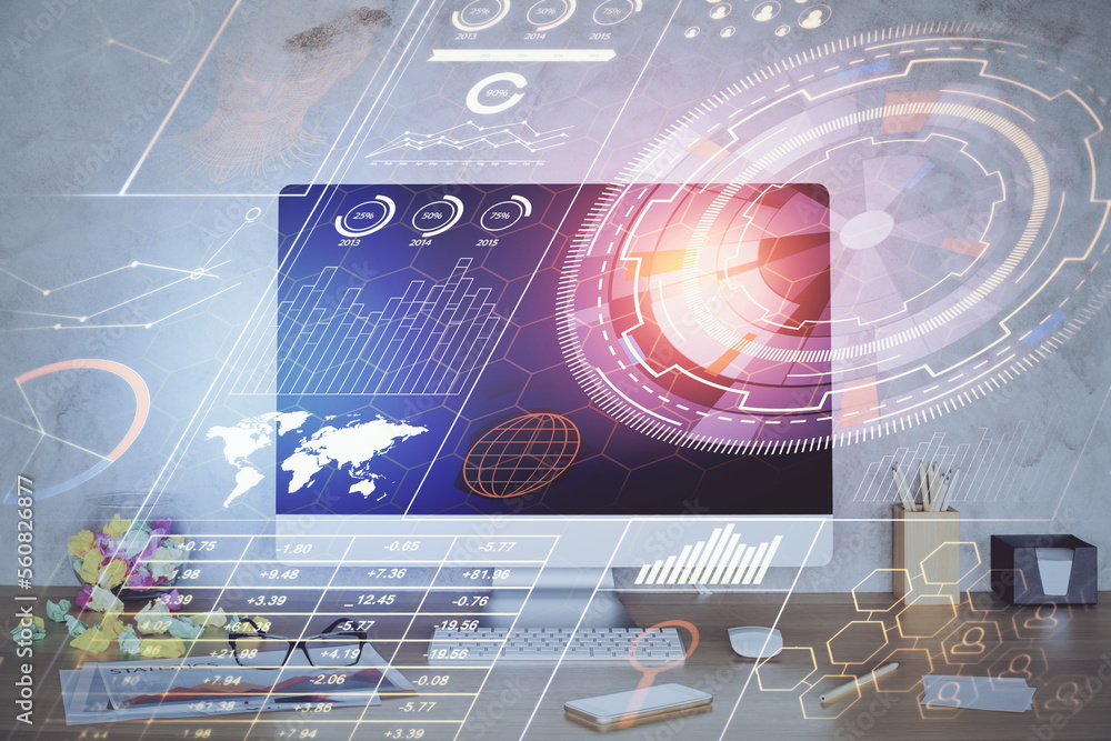 Poster Double exposure of table with computer on background and data theme hologram. Data technology concept.
