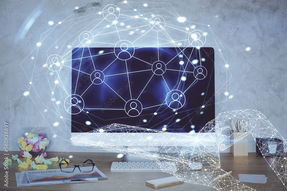 Poster computer on desktop with social network hologram. double exposure. concept of international people c