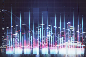 Financial chart on city scape with tall buildings background multi exposure. Analysis concept.