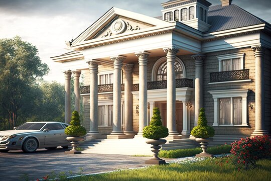 Luxurious Suburban Mansion With Veranda And Columns In American Style House Exterior