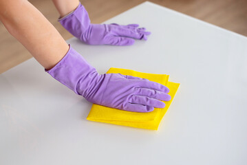 woman doing chores at home with spray detergent suds sponge. Cropped view