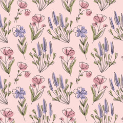 Lovely seamless pattern with wildflowers on the pink background. Vector illustration