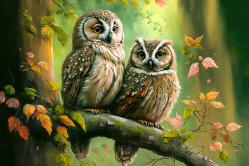 couple owl on tree. sketch art for artist creativity and inspiration. generative AI	