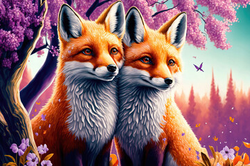 Obraz premium couple of foxes. sketch art for artist creativity and inspiration. generative AI 