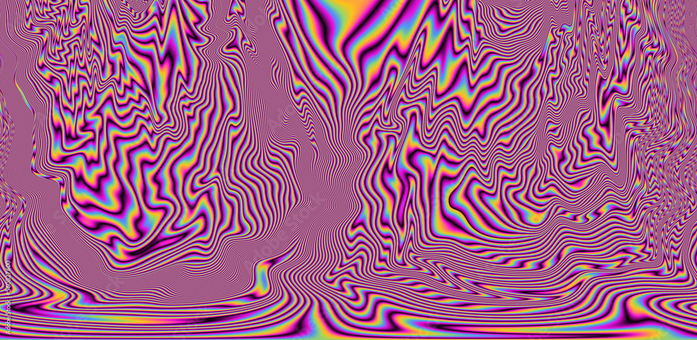Poster Texture of a glitched and distorted TV screen. Wavy and distorted moire pattern in acid colors.
