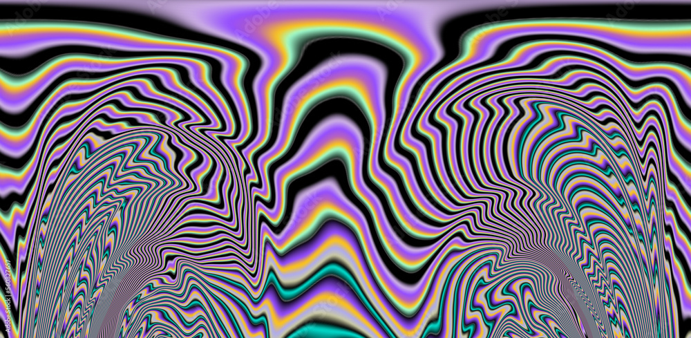 Poster Texture of a glitched and distorted TV screen. Wavy and distorted moire pattern in acid colors.