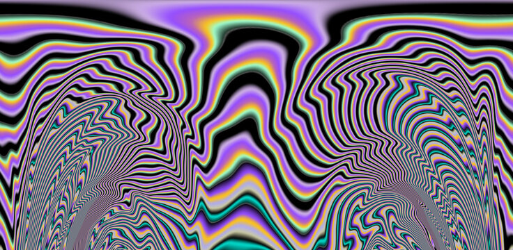 Texture of a glitched and distorted TV screen. Wavy and distorted moire pattern in acid colors.