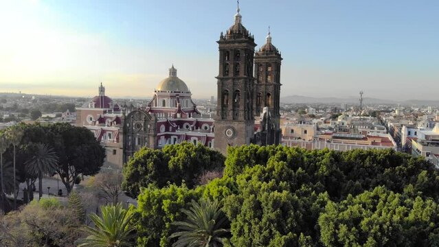 Cathedral de Puebla aerial drone shot of Central Iglesia in Puebla de Zaragoza, Mexico, Zocalo square