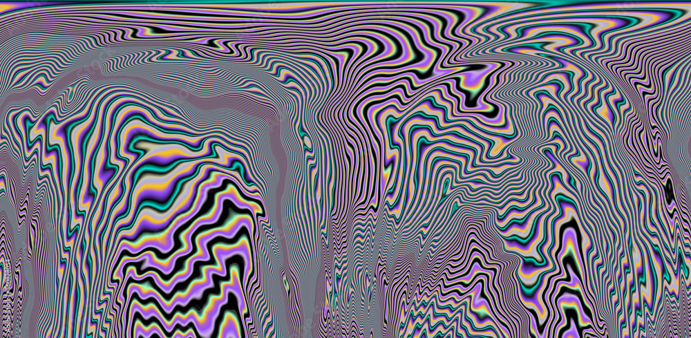 Poster Texture of a glitched and distorted TV screen. Wavy and distorted moire pattern in acid colors.