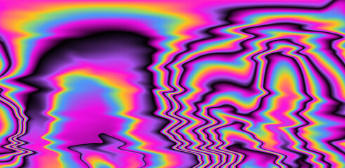 Abstract psychedelic background with neon rainbow leaks and stains. The 70s hippie style.
