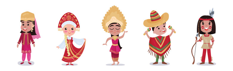 Kids Wearing National Costumes of Different Countries Vector Illustration Set