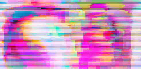Abstract retrowave background with digital pixel noise glitch artifacts like in old video VHS tape.