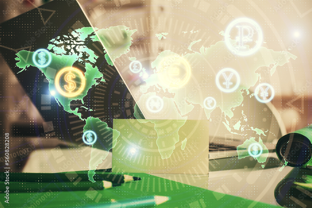 Poster Financial graph colorful drawing and table with computer on background. Double exposure. Concept of international markets.