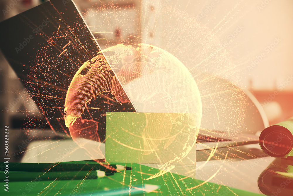 Poster computer on desktop with social network theme icon. multi exposure. concept of international connect