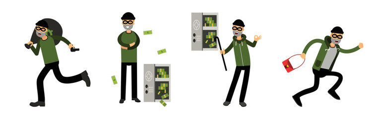 Male Thief or Robber in Mask Committing Crime Stealing Money Vector Set