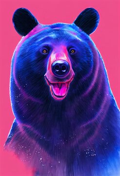 Funny adorable portrait headshot of cute black bear. North American land animal standing facing front. Looking to camera. Watercolor imitation illustration. AI generated vertical artistic poster.