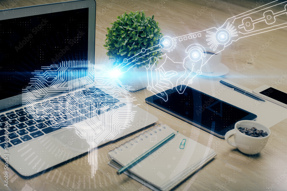 Poster Double exposure of desktop with computer and brain drawing hologram. Artificial intelligence concept.