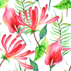 
Watercolor tropical flowers and leaves in a seamless pattern. Can be used as fabric, wallpaper, wrap.
