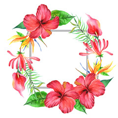 
Watercolor greeting frame with hibiscus flower tropical flowers and leaves.
