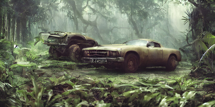 old rusty car in the forest, off road vehicle, car in the rain