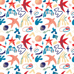 Vector pattern with abstract bright elements, stars and birds in the matisse style