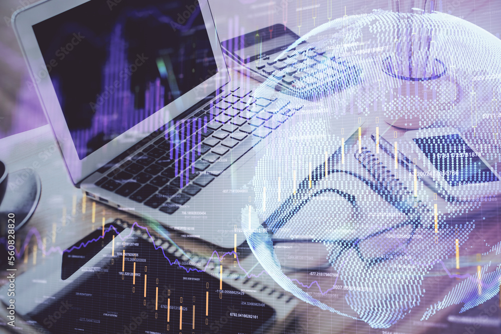 Aufkleber financial graph colorful drawing and table with computer on background. double exposure. concept of 