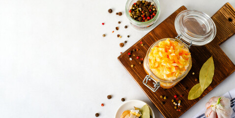 Sauerkraut, Shredded cabbage, apples, and carrots on bright rustic background, Fermented Food, Healthy Eating