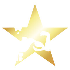 Athlete with biceps and a golden star. Symbol for gym and sports