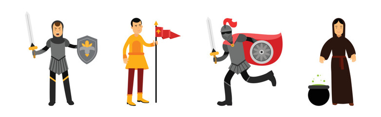 Medieval Man and Woman Character with Herald, Knight and Witch Vector Set