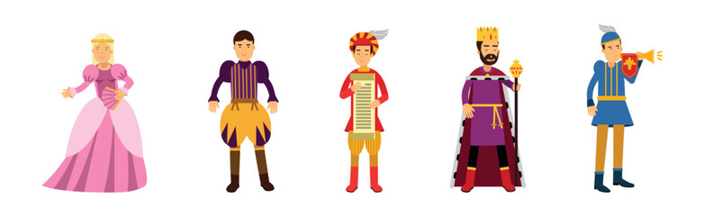 Medieval Man and Woman Character with Herald, King and Lady-in-waiting Vector Set