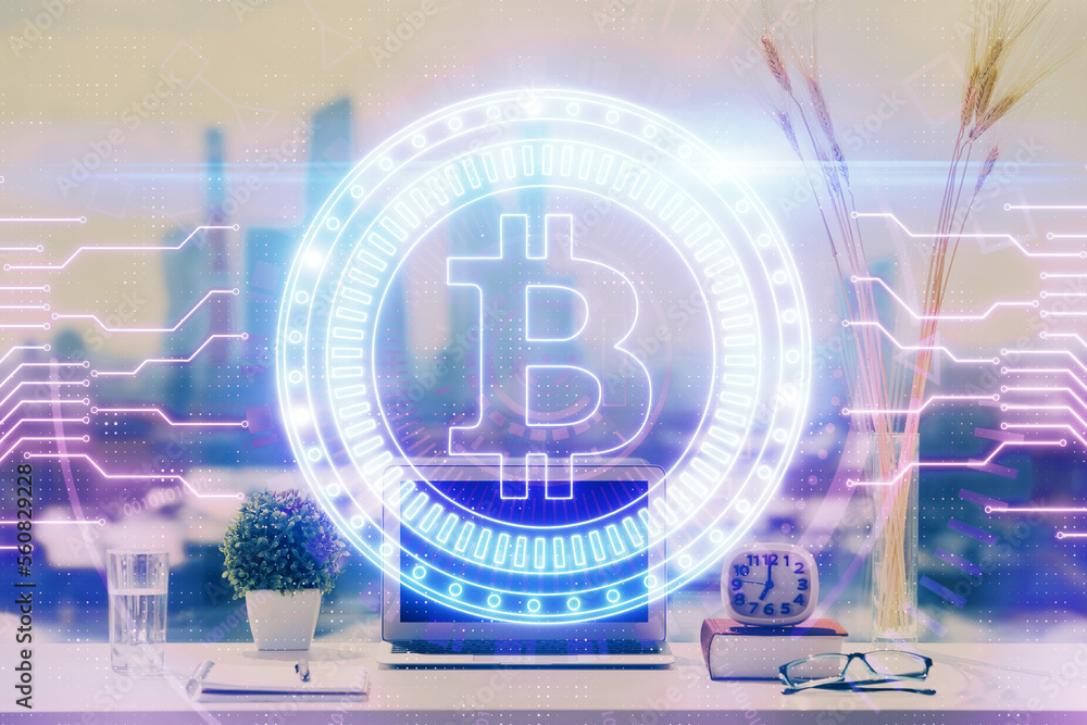 Poster Double exposure of blockchain and crypto economy theme hologram and table with computer background. Concept of bitcoin cryptocurrency.