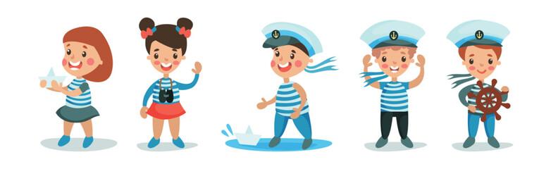 Cute Little Boy and Girl Character Playing Sailors Wearing Blue Striped Shirt Vector Set