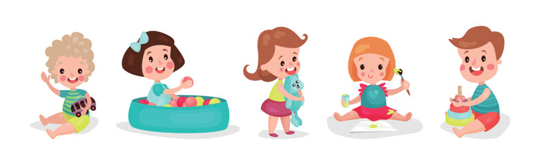 Kid Toddlers Playing with Toys in Nursery Room Vector Set