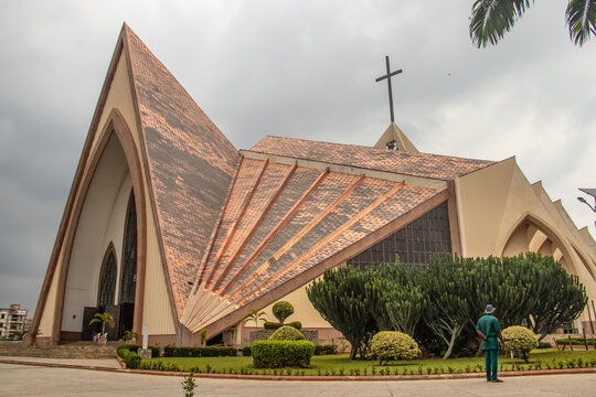 Exterior with arches, crosses, decorative walls of Catholics church in Abuja, church is known as The National Christian Centre (previously known as the National Ecumenical Centre)