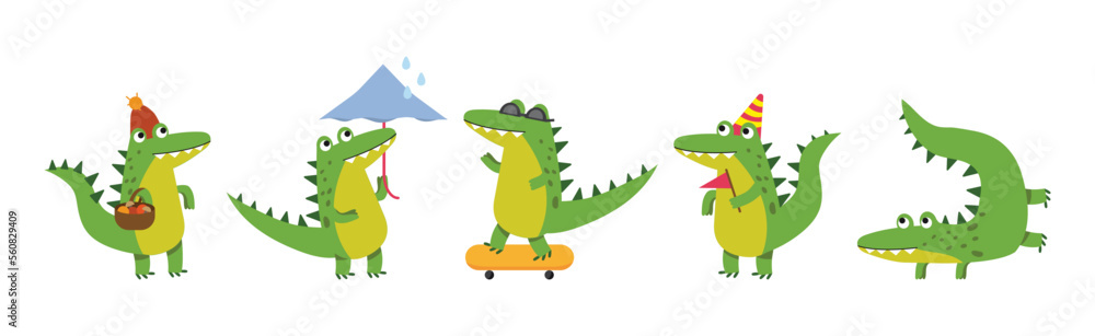 Poster crocodile cute green character in different pose and activity vector set