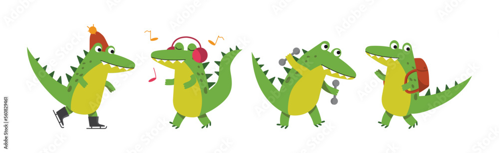 Poster crocodile cute green character in different pose and activity vector set