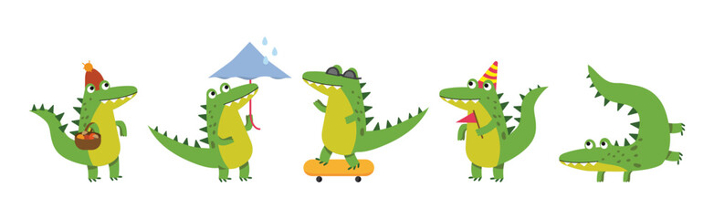 Crocodile Cute Green Character In Different Pose and Activity Vector Set