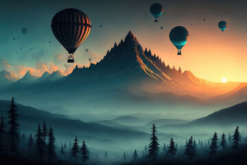 landscape of morning fog and mountains with hot air balloons at sunrise, art illustration 