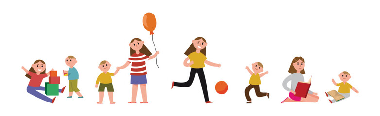 Family with Parents and Kids Spending Time Together Vector Set